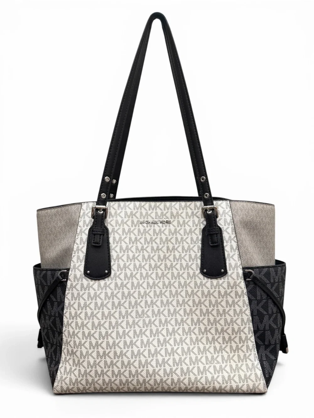 Michael Kors Voyager Large Signature Logo Color Block Tote Bag Ivory Gray Black
